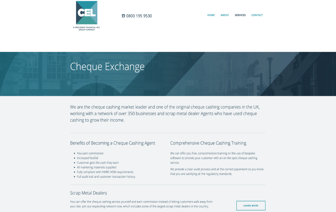 Cheque Exchange website – desktop product page