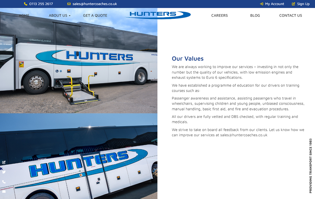 Hunters Coaches website – service page preview
